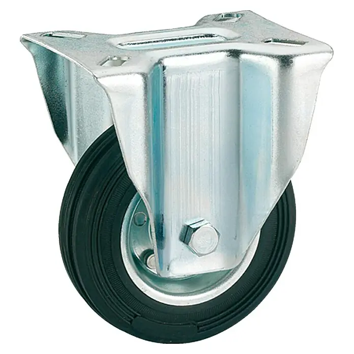 Stabilit Transportgeräte-Bockrolle - Durchmesser Rollen: 200 mm, Traglast: 210 kg, Rollenlager, Höhe: 240 mm - Eine Schwerlast-Lenkrolle mit schwarzem Gummi-Rad und verzinktem Stahlgehäuse für hohe Belastbarkeit und flexible Mobilität.