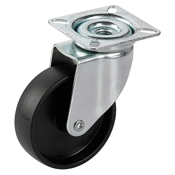 Stabilit Rueda giratoria para muebles - 50 mm, Capacidad de carga: 35 kg, Casquillo liso, Altura: 66 mm, Con placa - En la imagen se muestra una rueda giratoria con una rueda negra y una carcasa metálica plateada, diseñada para ser utilizada en muebles o equipos.
