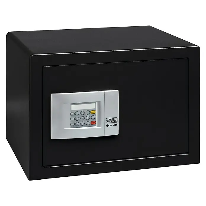 Burg-Wächter PointSafe Caja fuerte P3 E - L x An x Al: 35 x 44,2 x 32 cm, Cerradura de combinación electrónica, 38,8 l - Imagen de una caja fuerte negra con teclado digital. Ideal para proteger objetos de valor en la oficina o en casa.
