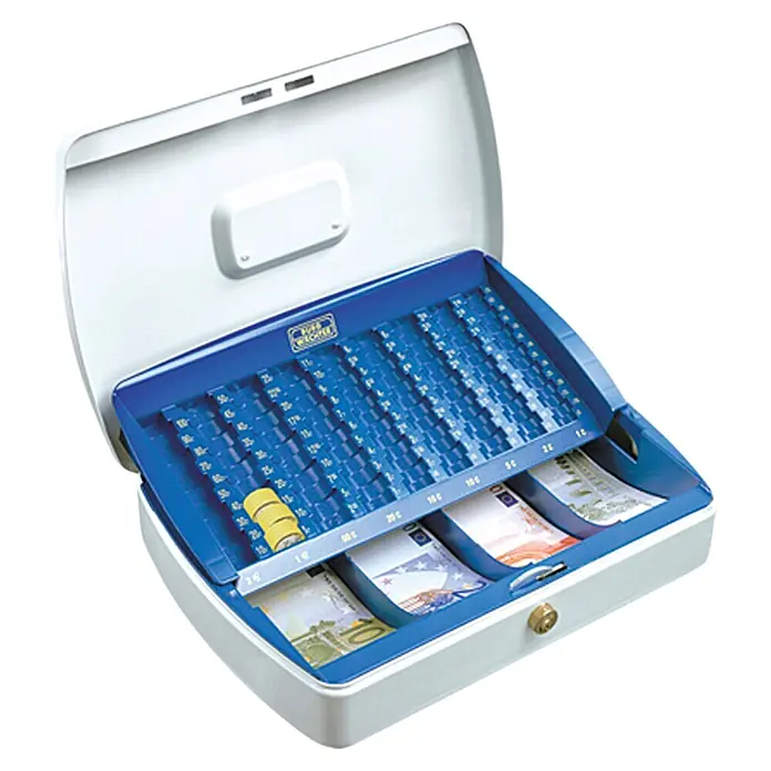Burg-Wächter Office Line Geldzählkassette ZK 2307 EURO - 33 x 23,5 x 7,5 cm, Weiß - Bild einer geöffneten Geldkassette mit Münz- und Geldscheinfächern. Ideal für den Einzelhandel und andere Unternehmen zur sicheren Aufbewahrung von Bargeld.