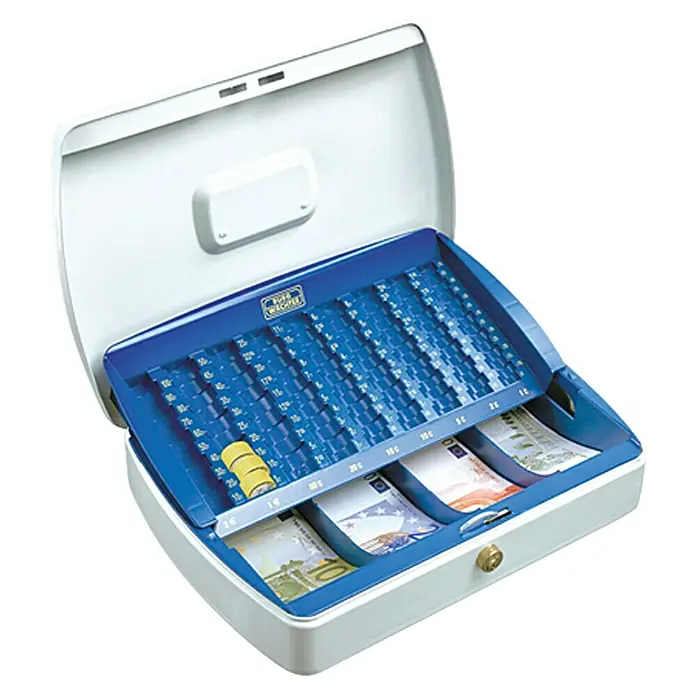 Burg-Wächter Office Line Geldzählkassette ZK 2307 EURO33 x 23,5 x 7,5 cm, Weiß - Bild einer geöffneten Geldkassette mit Münz- und Geldscheinfächern. Ideal für den Einzelhandel und andere Unternehmen zur sicheren Aufbewahrung von Bargeld.
