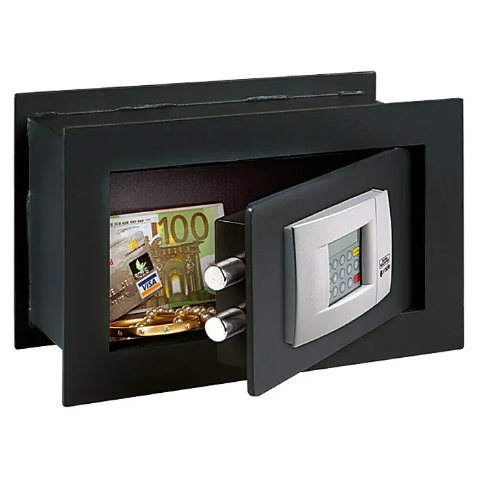 Burg-Wächter PointSafe Caja fuerte empotrable PW2 E - 34 x 14 x 22 cm, Volumen: 4,5 l, Cerradura de combinación electrónica - Imagen de una caja fuerte negra con la tapa abierta, llena de dinero en efectivo, una tarjeta de crédito y joyas.