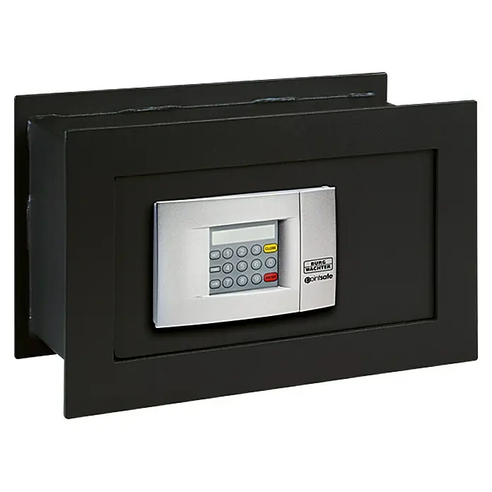 Burg-Wächter PointSafe Caja fuerte empotrable PW2 E - 34 x 14 x 22 cm, Volumen: 4,5 l, Cerradura de combinación electrónica - Una caja fuerte para muebles Burg Wächter con teclado electrónico, empotrada en una pared negra, que garantiza alta seguridad.