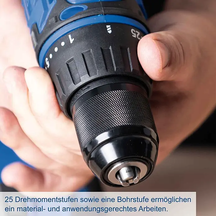 Scheppach IXES 20V Akku-Bohrschrauber-Set C-DTB74/1-X - 20 V, 1 Akku, 2 Ah, 50 Nm, 74-tlg. Zubehör-Set - Hand verstellt Drehmoment am blau-schwarzen Akkuschrauber mit 25 Stufen & Bohrmodus am Bohrfutter.