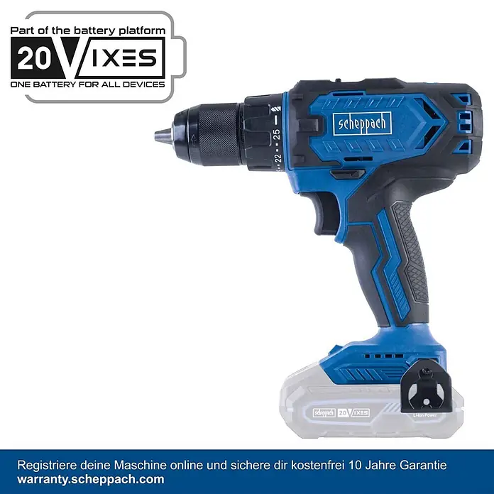 Scheppach IXES 20V Akku-Bohrschrauber-Set C-DTB74/1-X - 20 V, 1 Akku, 2 Ah, 50 Nm, 74-tlg. Zubehör-Set - Blaue und schwarze Akku-Bohrmaschine mit Batterie, Teil der Scheppach 20V IXES Plattform.