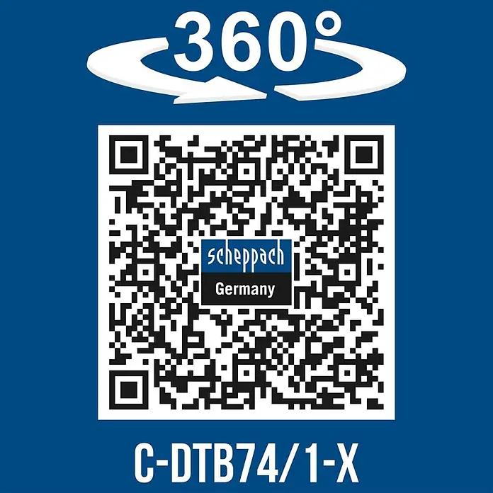 Scheppach IXES 20V Akku-Bohrschrauber-Set C-DTB74/1-X - 20 V, 1 Akku, 2 Ah, 50 Nm, 74-tlg. Zubehör-Set - Grafik mit 360°-Symbol, QR-Code für Scheppach Deutschland und Produktcode C-DTB74/1-X.
