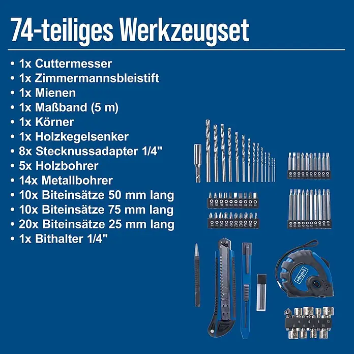 Scheppach IXES 20V Akku-Bohrschrauber-Set C-DTB74/1-X - 20 V, 1 Akku, 2 Ah, 50 Nm, 74-tlg. Zubehör-Set - Ein 74-teiliges blau-silbernes Werkzeugset mit Cuttermesser, Maßband, Bohrern, Schrauberbits und Stecknussadaptern.