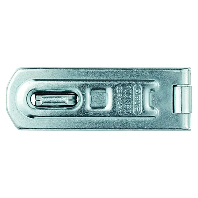 Abus Überfalle 100Durchmesser Öse: 9 mm, Maße Überfalle: 125 x 27 mm - Abus 100/80 Vorhangschloss-Riegel in silberner Ausführung, ein robustes Zubehör für zusätzliche Sicherheit und Schutz.