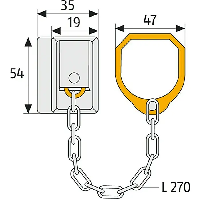 Abus Türgriffkette SK 89 - Kettenlänge: 27 cm, Stahl gehärtet - Abbildung einer Türsicherungskette mit Maßangaben. Eine solide Kette verbindet zwei Befestigungspunkte für erhöhte Sicherheit.