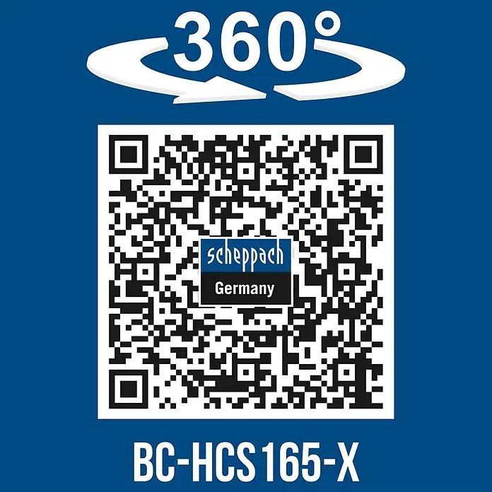 Scheppach IXES 20V Akku-Handkreissäge BC-HCS165-X - 20 V, Durchmesser Sägeblatt: 165 mm - QR-Code für eine 360-Grad-Ansicht des Scheppach-Produkts BC-HCS165-X.