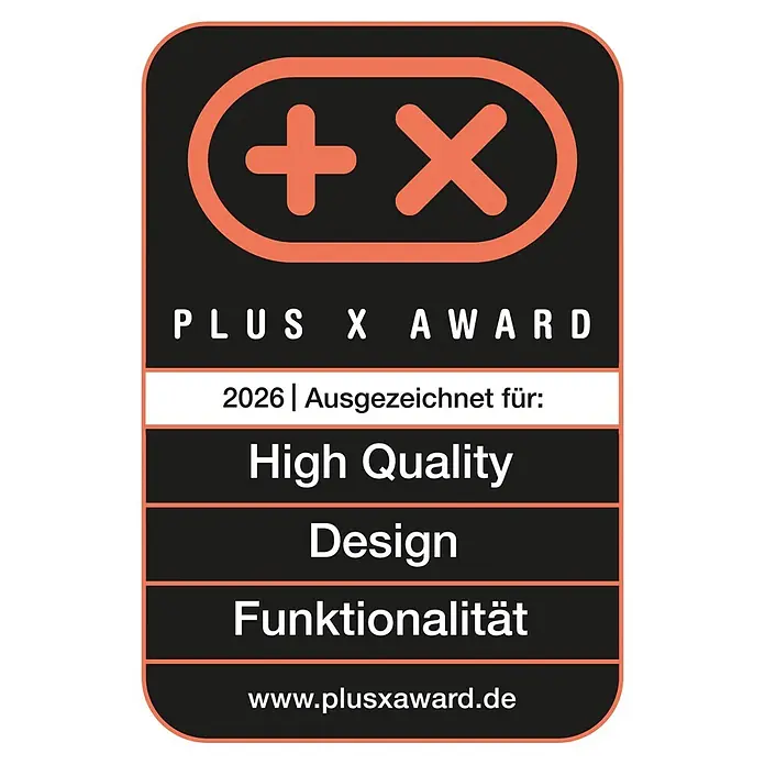 Juliana Gewächshaus City Greenhouse - Außenmaß inkl. Dachüberstand (B x T): 80 x 40 cm, Material Seitenwand: Glas, 4 mm, Schwarz - Schwarzes Plus X Award-Abzeichen mit orangefarbenem Logo, listet "High Quality, Design, Funktionalität" für 2026.