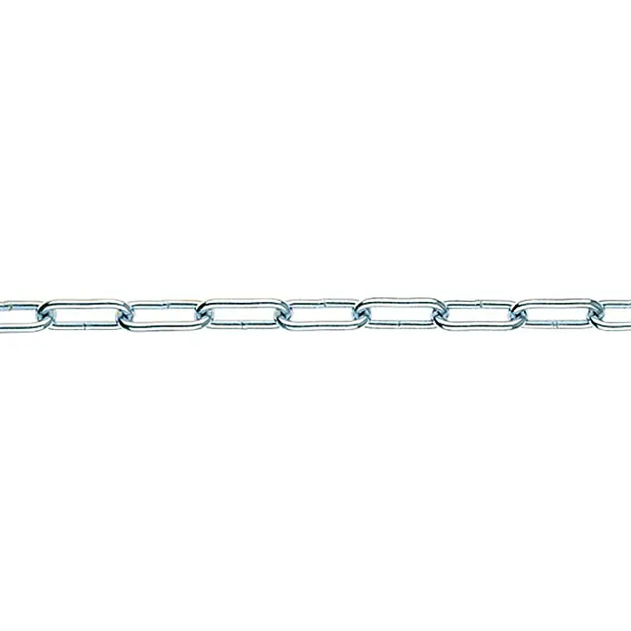 Stabilit Cadena de acero redondo - Ø x L: 6 mm x 15 m, Acero, Zincado - Primer plano de una cadena metálica plateada mostrada sobre un fondo blanco.