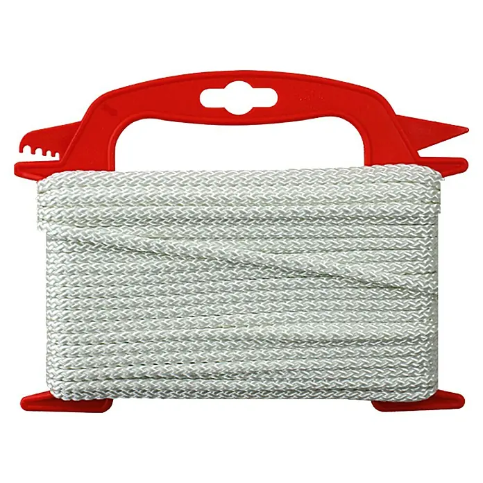 Stabilit Polyester-Seil5 mm x 20 m, 8-fach geflochten - Bild von einem Knäuel aus geflochtener, weißer Allzweckleine auf einer roten Kunststoffspule mit Griff.