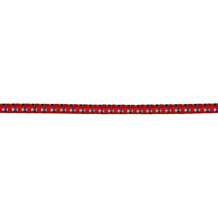 Stabilit Gummiseil Meterware - 4 mm, Als Zuschnitt erhältlich, Rot/Blau - Nahaufnahme eines roten, blauen und weißen elastischen Bungeeseils.