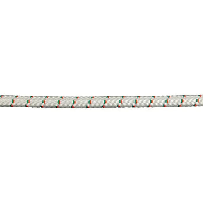 Stabilit Gummiseil Meterware - 4 mm, Als Zuschnitt erhältlich, Weiß/Gelb - Gummiseil: Detailaufnahme eines Gummiseils mit weißen, roten und grünen Akzenten, ideal für vielseitige Befestigungen.