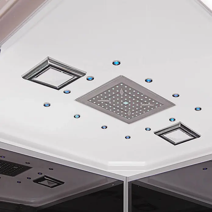 Home Deluxe Duschkabine WAVE M -  - Quadratisches Kopfbrausesystem mit integrierten Leuchten und blauen LED-Spots in weißer Deckenplatte.