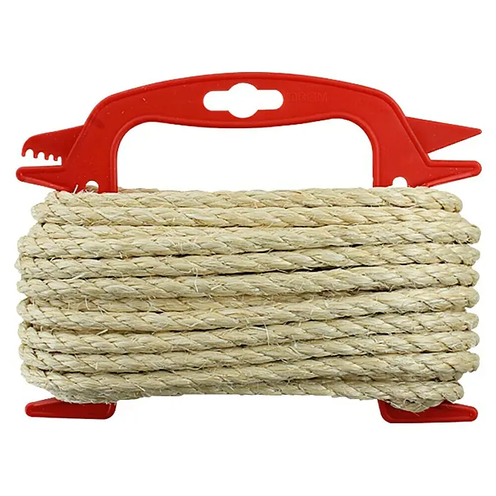 Stabilit Cuerda - 8 mm x 10 m, Materiales naturales - Una cuerda de sisal enrollada con asa de transporte roja, ideal para proyectos de bricolaje.