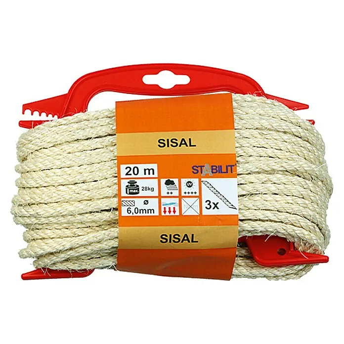 Stabilit Cuerda - 6 mm x 20 m, Materiales naturales - Rollo de cuerda de sisal con asa roja e información del producto en el embalaje.