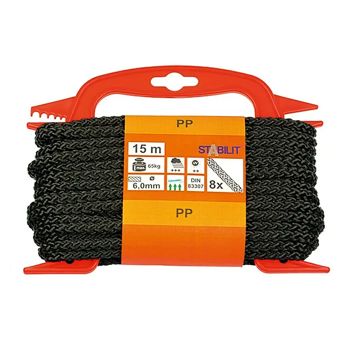 Stabilit Cuerda - 6 mm x 15 m, Plástico, Negro, Carga soportada: 45 kg - Cuerda negra STABILIT PP con mango rojo, 15 m de largo, carga máx. 65 kg, 6,0 mm de diámetro y trenzada 8x.