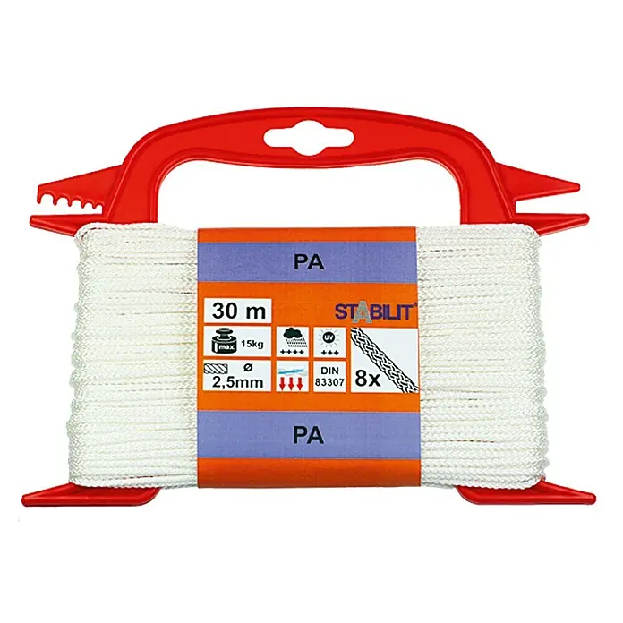 Stabilit Cuerda - 2,5 mm x 30 m, Poliéster, Blanco, Carga soportada: 15 kg - Imagen del producto de un cordel de albañil Stabilit PA de 30 m en una bobina roja con asa y borde dentado prácticos.