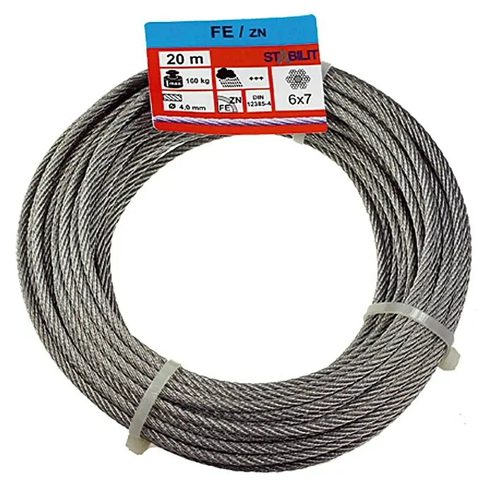Stabilit Cable metálico - Ø x L: 4 mm x 2.000 cm, Carga soportada: 160 kg, Acero - Un rollo de cable de acero galvanizado, de 20 metros de largo y 4,0 mm de grosor, con una capacidad de carga de 100 kg, atado con bridas.