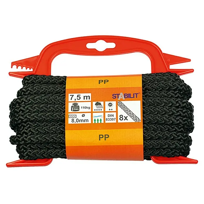 Stabilit PP-Seil - 8 mm x 7,5 m, 8-fach geflochten, Belastbarkeit: 110 kg - Schwarzes PP-Seil von Stabilit, 7,5 m lang und 8,0 mm dick, auf einer roten Kunststoffspule für einfache Handhabung und Lagerung.