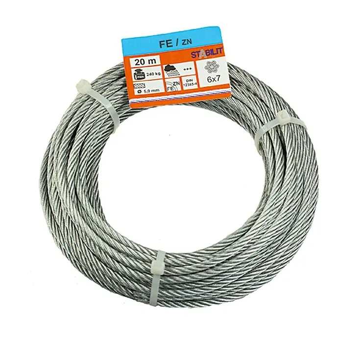 Stabilit Drahtseil - Ø x L: 5 mm x 2.000 cm, Belastbarkeit: 240 kg, Stahl - Abbildung eines 20 m langen, verzinkten Stahldrahtseils mit einer Tragkraft von 240 kg und einem Durchmesser von 5 mm.