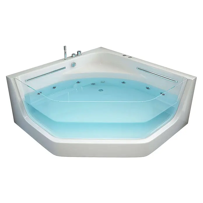 Home Deluxe Whirlpool PACIFICO -  - Weiße Eck-Whirlpool-Badewanne mit hellblauem Wasser, Chromdüsen und Glasabtrennung.