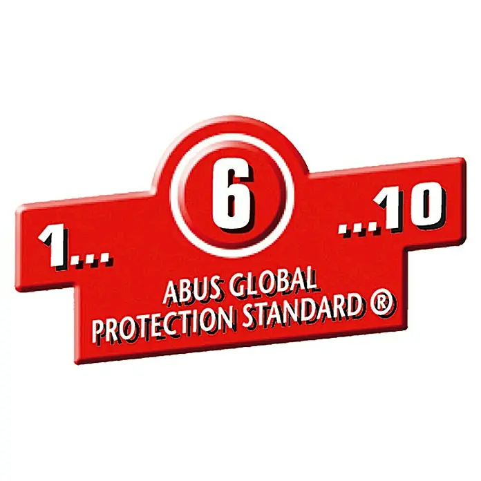 Abus Profilzylinder E30 - Baulänge innen: 40 mm, Baulänge außen: 45 mm, Anzahl Schlüssel: 5 Stk. - ABUS Global Protection Standard-Logo mit rotem Hintergrund und weißer Schrift, das die Sicherheitsstufe 6 anzeigt.