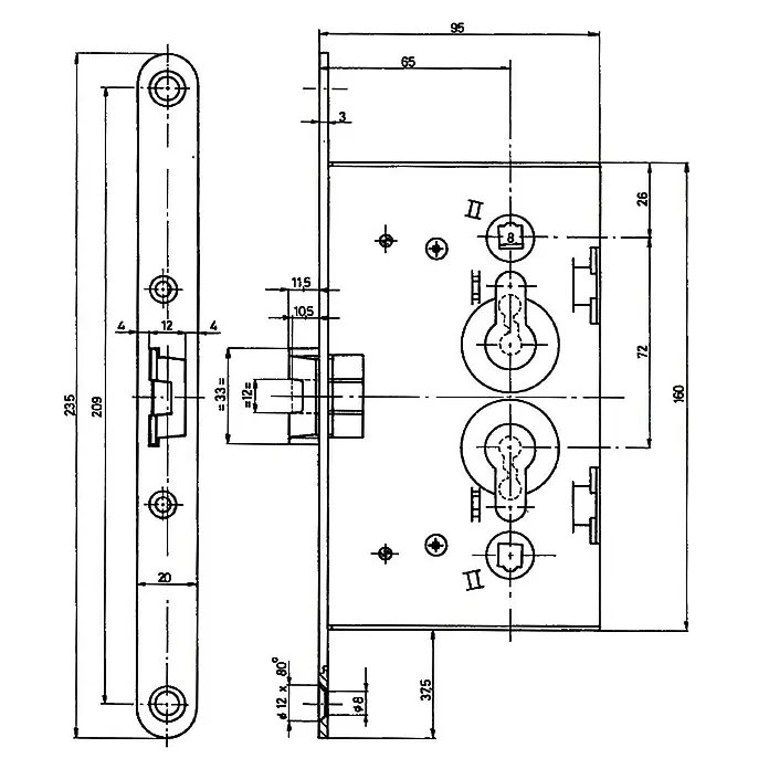 Stabilit Einsteckschloss - Links/Rechts, 160 x 20 x 95 mm - Eine technische Zeichnung eines Türschlosses mit verschiedenen Maßangaben für Bau und Design.