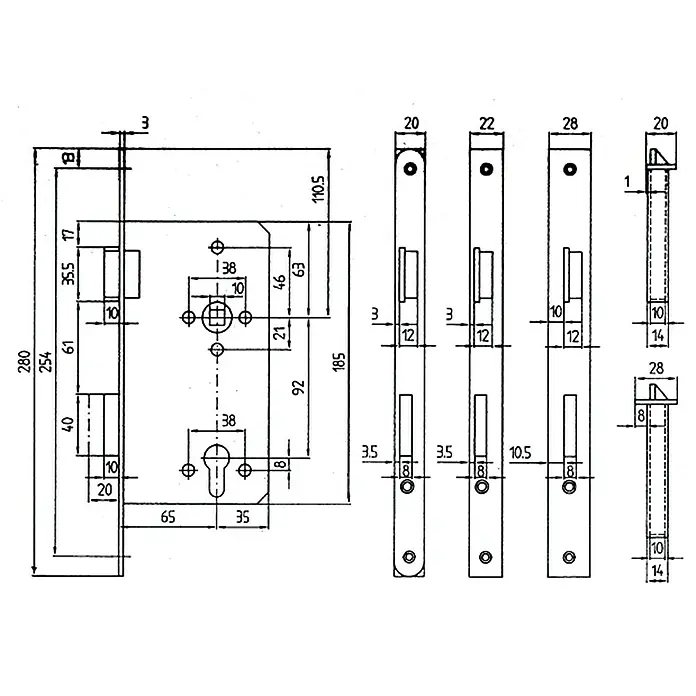 Stabilit Eingangstür-Einsteckschloss - Links, Für Falztüren - Technische Zeichnung eines Einsteckschlosses mit Maßangaben für Montage und Design.