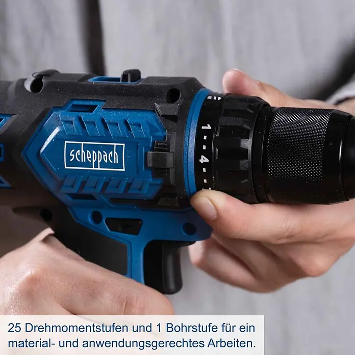 Scheppach IXES 20V Akku-Bohrschrauber BC-DD60-X - 20 V, Ohne Akku, 60 Nm - Blauer und schwarzer scheppach Akku-Bohrschrauber, eine Hand stellt die 25 Drehmomentstufen ein.