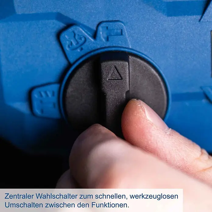 Scheppach IXES 20V Akku-Bohrhammer BC-RHD230-X - 20 V, 2,2 J, Bohrfutter/Werkzeugaufnahme Elektromaschine: SDS-Plus-Aufnahme, Max. Schlagzahl: 5.500 /min - Hand dreht schwarzen Drehschalter an blauem Elektrowerkzeug zur Funktionswahl.