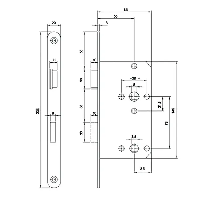 Stabilit WC-Einsteckschloss - Links, Silber, Stulpform: Eckig - Detailzeichnung eines Türschlosses mit genauen Maßangaben für Montage und Design.