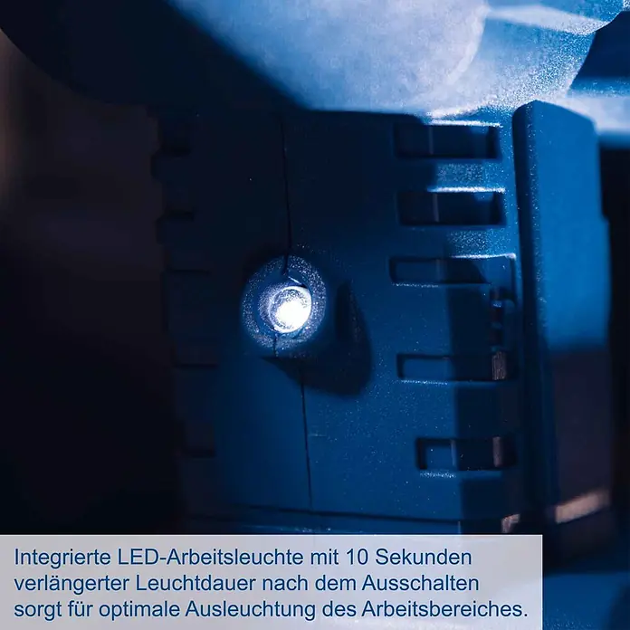 Scheppach IXES 20V Akku-Bohrhammer BC-RHD230-X - 20 V, 2,2 J, Bohrfutter/Werkzeugaufnahme Elektromaschine: SDS-Plus-Aufnahme, Max. Schlagzahl: 5.500 /min - Blaues Kunststoffgehäuse eines Werkzeugs mit leuchtender integrierter LED-Arbeitsleuchte.
