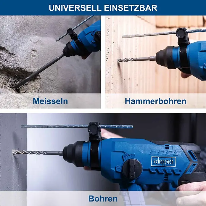 Scheppach IXES 20V Akku-Bohrhammer BC-RHD230-X - 20 V, 2,2 J, Bohrfutter/Werkzeugaufnahme Elektromaschine: SDS-Plus-Aufnahme, Max. Schlagzahl: 5.500 /min - Blauer Scheppach Bohrhammer, beim Meißeln, Hammerbohren und Bohren gezeigt, um seine Vielseitigkeit zu demonstrieren.