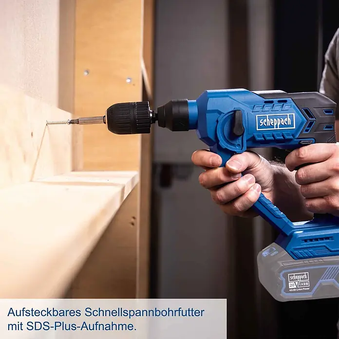 Scheppach IXES 20V Akku-Bohrhammer C-RHD130-X - 20 V, Ohne Akku, 1,3 J - Blaue Scheppach Akku-Bohrhammer mit aufsteckbarem Schnellspannbohrfutter schraubt in Holz. Mit SDS-Plus und 20V Li-Ion Akku.