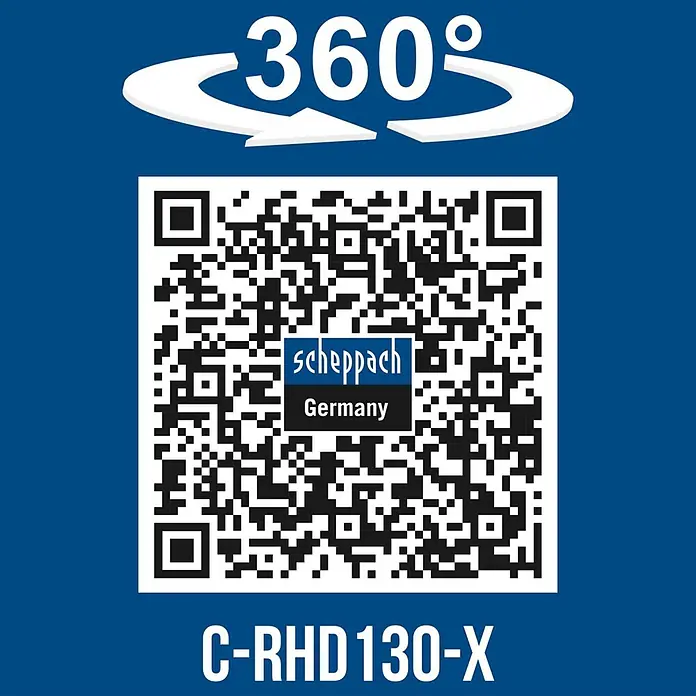 Scheppach IXES 20V Akku-Bohrhammer C-RHD130-X - 20 V, Ohne Akku, 1,3 J - Blaue Grafik mit QR-Code, 360-Grad-Symbol und Text 'Scheppach Germany C-RHD130-X' für eine Produktansicht.