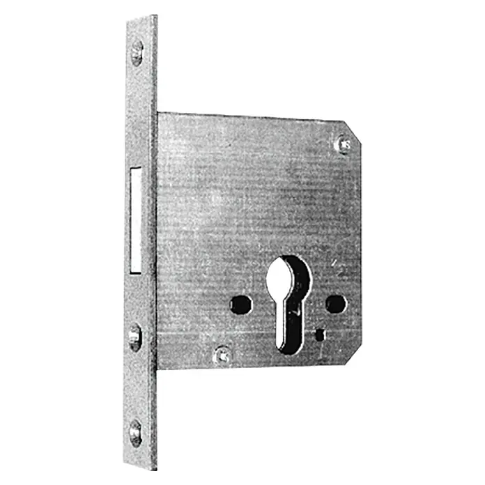 Stabilit Riegel-Einsteckschloss - Links/Rechts - Nahaufnahme eines silbernen Einsteckschlosses, das die Details des Metallgehäuses und des Schlüssellochs zeigt.