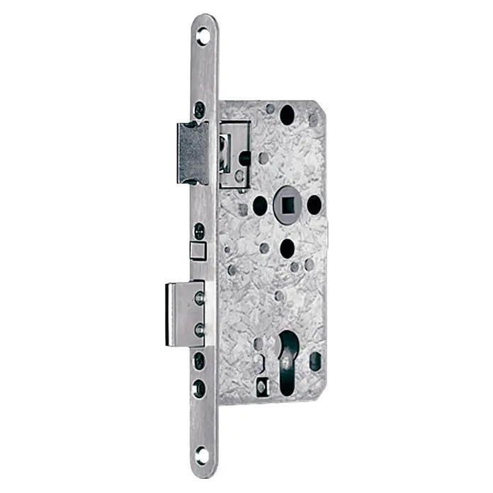 Stabilit Korridor-Einsteckschloss - Links/Rechts, Material Stulp: Edelstahl - Ein Türschloss aus Metall mit Riegel und Falle, ideal für Innentüren oder Haustüren. Das robuste Design bietet zuverlässigen Schutz.
