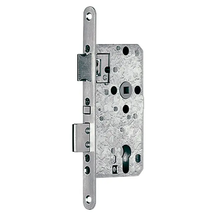 Stabilit Korridor-Einsteckschloss - Links/Rechts, Material Stulp: Edelstahl - Ein Türschloss aus Metall mit Riegel und Falle, ideal für Innentüren oder Haustüren. Das robuste Design bietet zuverlässigen Schutz.