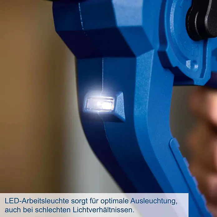 Scheppach IXES 20V Akku-Bohrhammer C-RHD130-X - 20 V, Ohne Akku, 1,3 J - Nahaufnahme eines blauen Elektrowerkzeugs mit integrierter LED-Arbeitsleuchte für optimale Beleuchtung, auch bei schlechten Lichtverhältnissen.