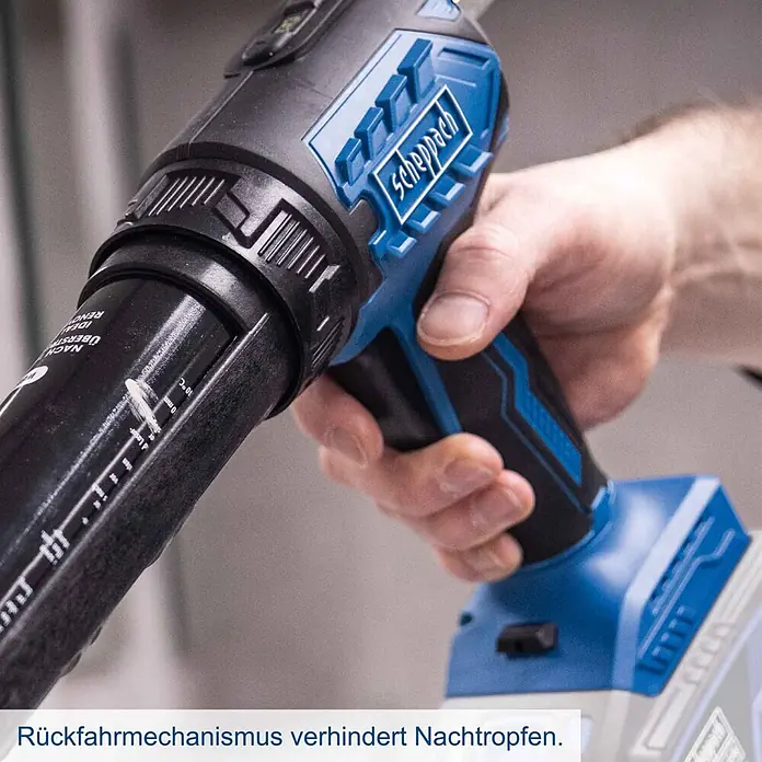 Scheppach IXES 20V Akku-Kartuschenpresse C-SEG310-X - 20 V, Ohne Akku - Akkukartuschenpistole (Scheppach), schwarz-blau, wird von Hand gehalten. Rückfahrmechanismus verhindert Nachtropfen.