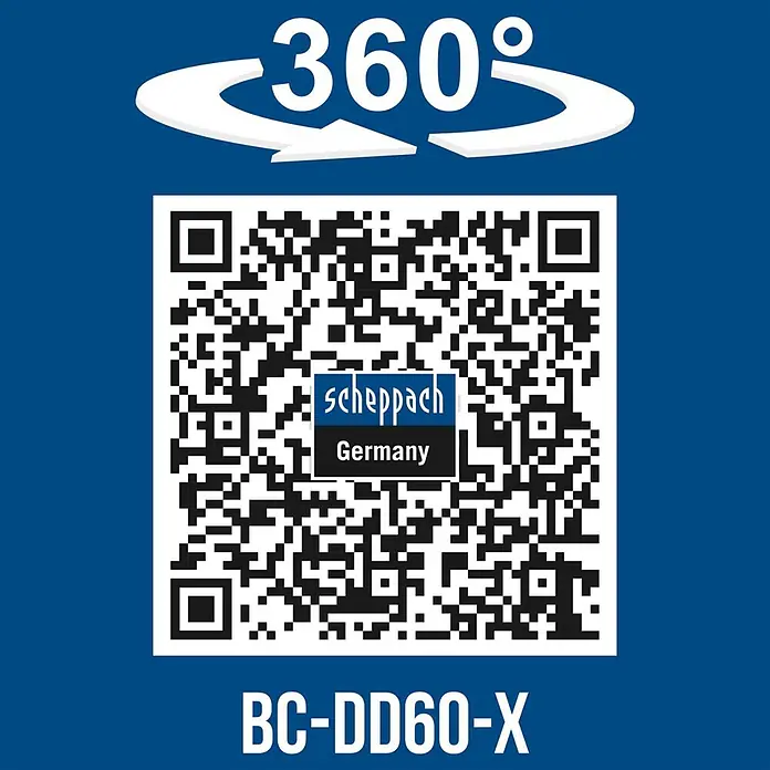 Scheppach IXES 20V Akku-Bohrschrauber BC-DD60-X - 20 V, Ohne Akku, 60 Nm - QR-Code für Scheppach BC-DD60-X Produkt mit 360-Grad-Ansichts-Symbol und Scheppach Germany Logo.