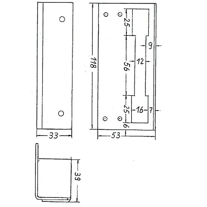 Stabilit Kasten-Riegelschloss - Profilzylinder PZ, Universell einsetzbar, Zimmertür - Technische Zeichnung eines Halters mit Maßangaben zur detaillierten Darstellung der Abmessungen und Konstruktion.