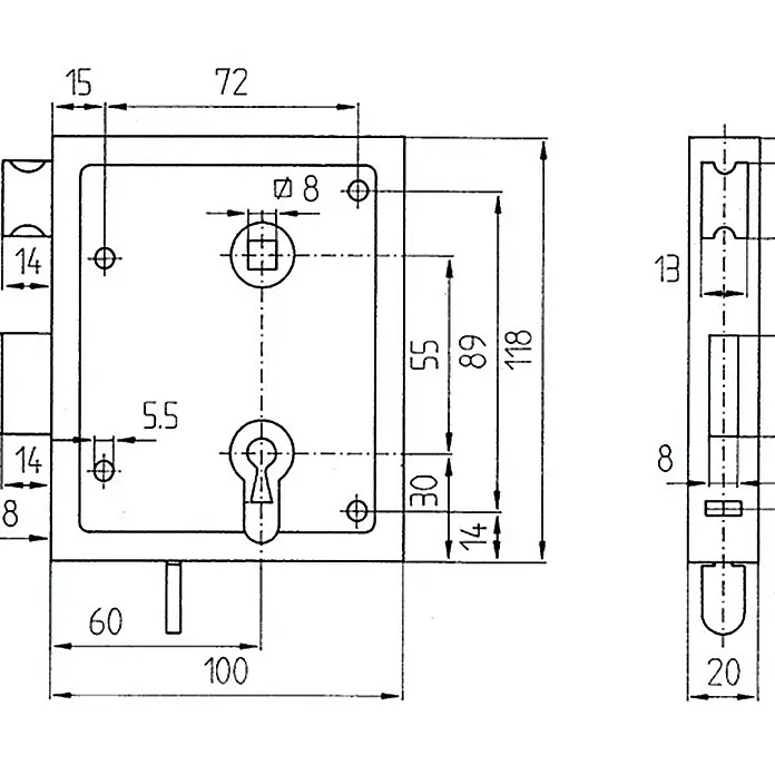 Stabilit Kasten-Riegelschloss - Profilzylinder PZ, Universell einsetzbar, Zimmertür - Technische Zeichnung eines Türschlosses mit Maßangaben für Bauanleitungen und Produktdetails.