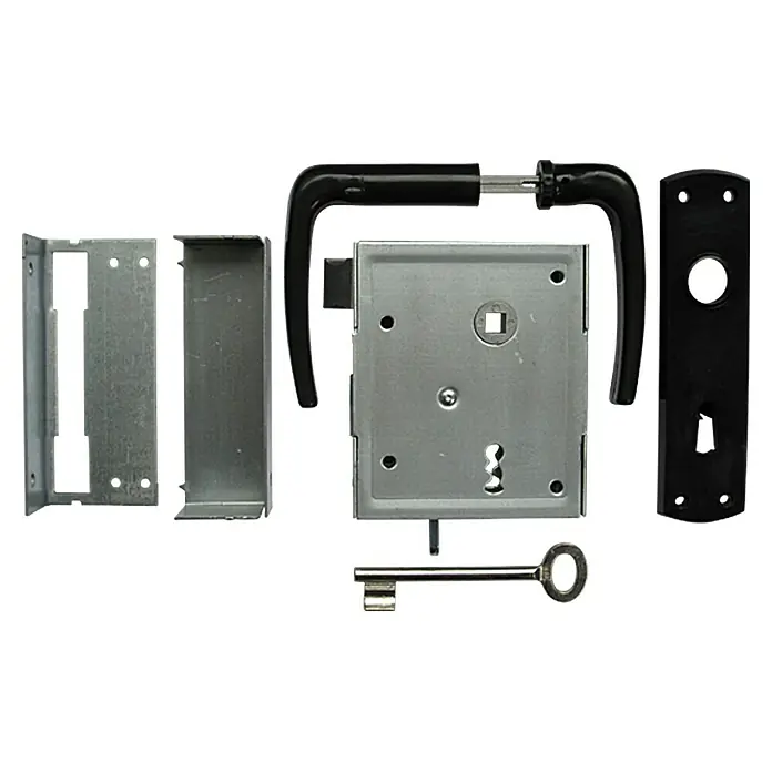 Stabilit Kasten-Riegelschloss - Buntbartschloss, Universell einsetzbar, Zimmertür - Eine Nahaufnahme eines Türschloss-Sets mit Schloss, Griff, Schlüssellochblende, Schlüssel und passenden Metallrahmen.