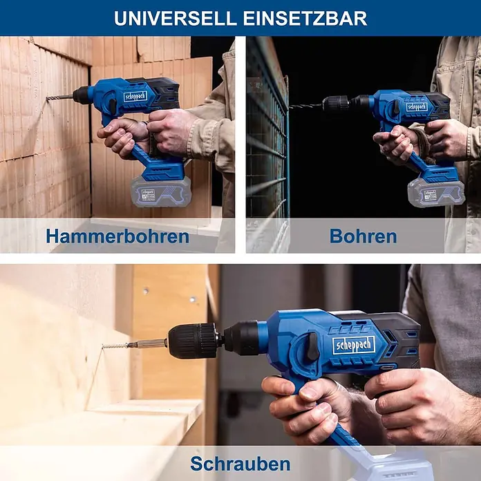 Scheppach IXES 20V Akku-Bohrhammer C-RHD130-X - 20 V, Ohne Akku, 1,3 J - Blauer Scheppach Akku-Bohrhammer beim Hammerbohren, Bohren & Schrauben in verschiedenen Materialien.
