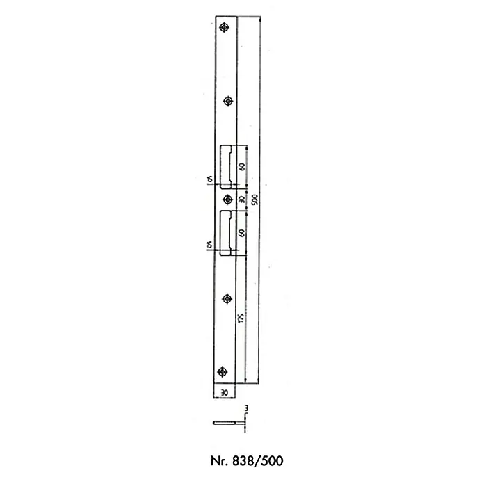 Stabilit Lappenblech - 500 x 30 mm, Universell einsetzbar - Abbildung eines Türschließblechs Nr. 838/500 mit technischen Maßen. Dieses Blech ist aus robustem Material gefertigt und präzise gefertigt.