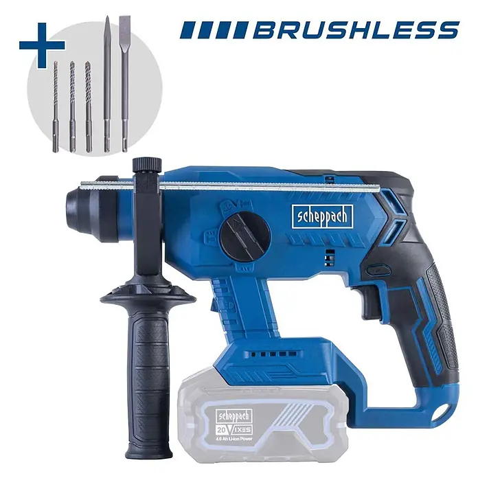 Scheppach IXES 20V Akku-Bohrhammer BC-RHD230-X - 20 V, 2,2 J, Bohrfutter/Werkzeugaufnahme Elektromaschine: SDS-Plus-Aufnahme, Max. Schlagzahl: 5.500 /min - Blauer und schwarzer Akku-Bohrhammer mit bürstenlosem Motor, Akku, Zusatzhandgriff und Bohrer-/Meißelsatz.